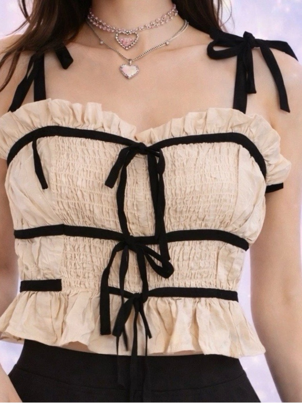 THIRTY/THIRTY LA Beige Black Cotton Crinkle Ruffle Tie Strap Cropped Blouse M - Picture 5 of 7